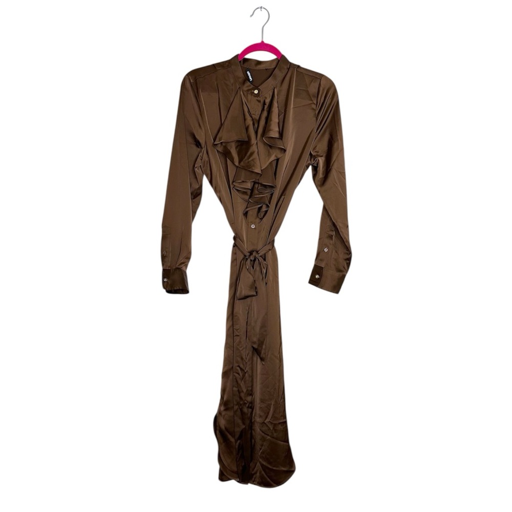 Olsen Brown Long Sleeve Ruffle Front Midi Shirt Dress Tie Waist See Measurements